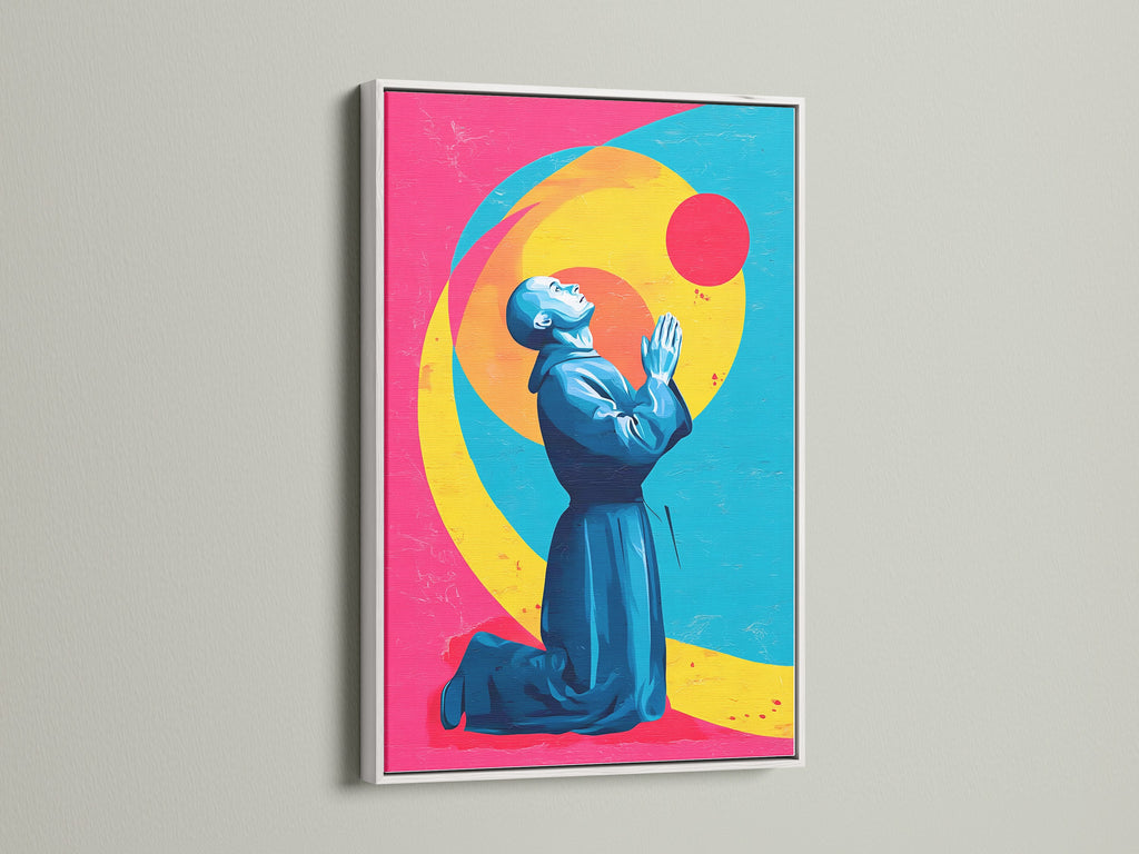 Spiritual decor featuring the Praying Figure in a white frame. This divine artwork adds a contemplative touch to your space. The canvas print is perfect for meditation or yoga rooms. It's a beautiful religious poster.