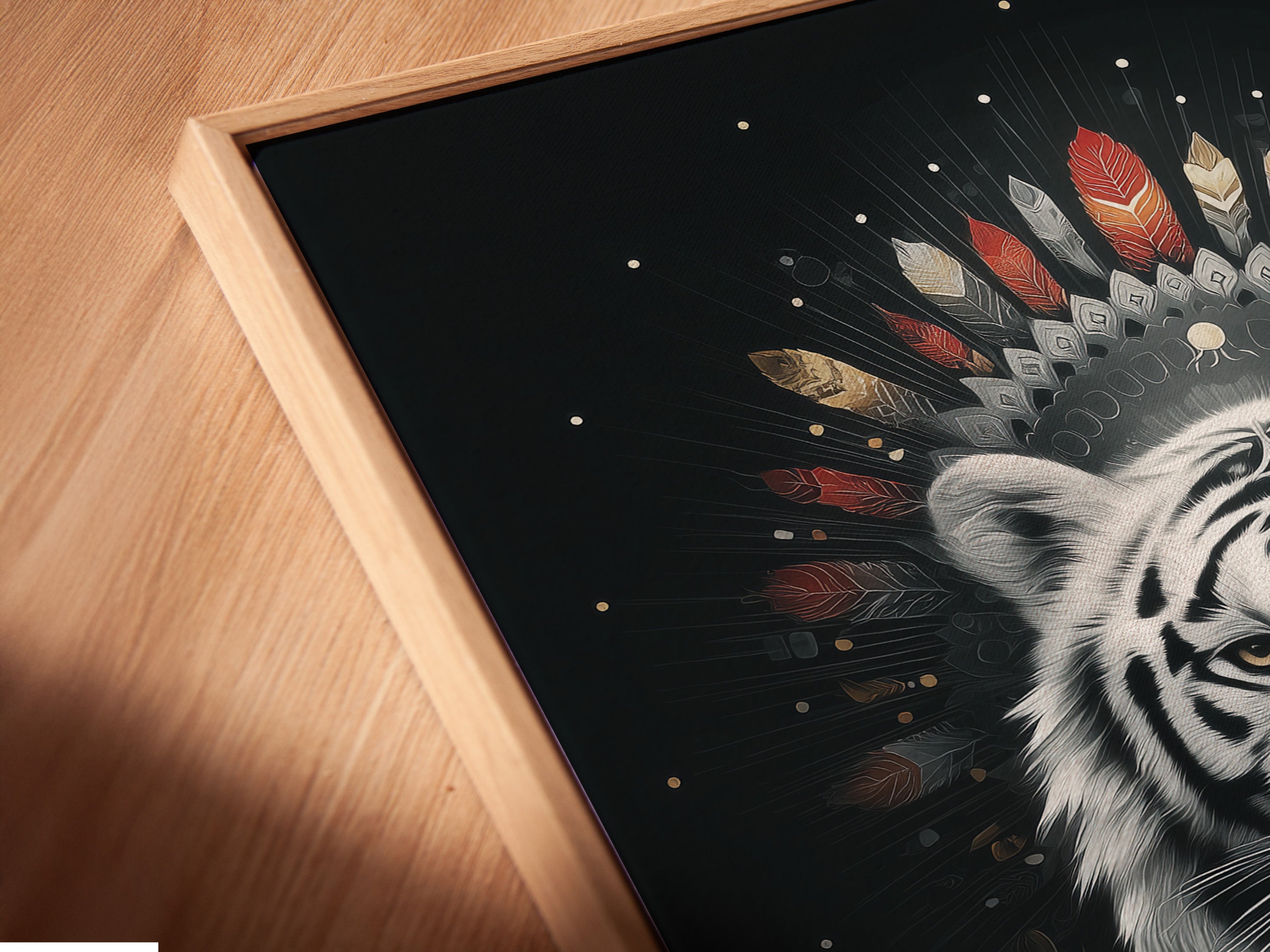 A close-up angled view reveals a canvas print in a floating frame. The mystical white tiger artwork seems to float adding depth and dimension. Perfect for modern wall decor. This floating frame enhances the tribal aesthetic of the art.