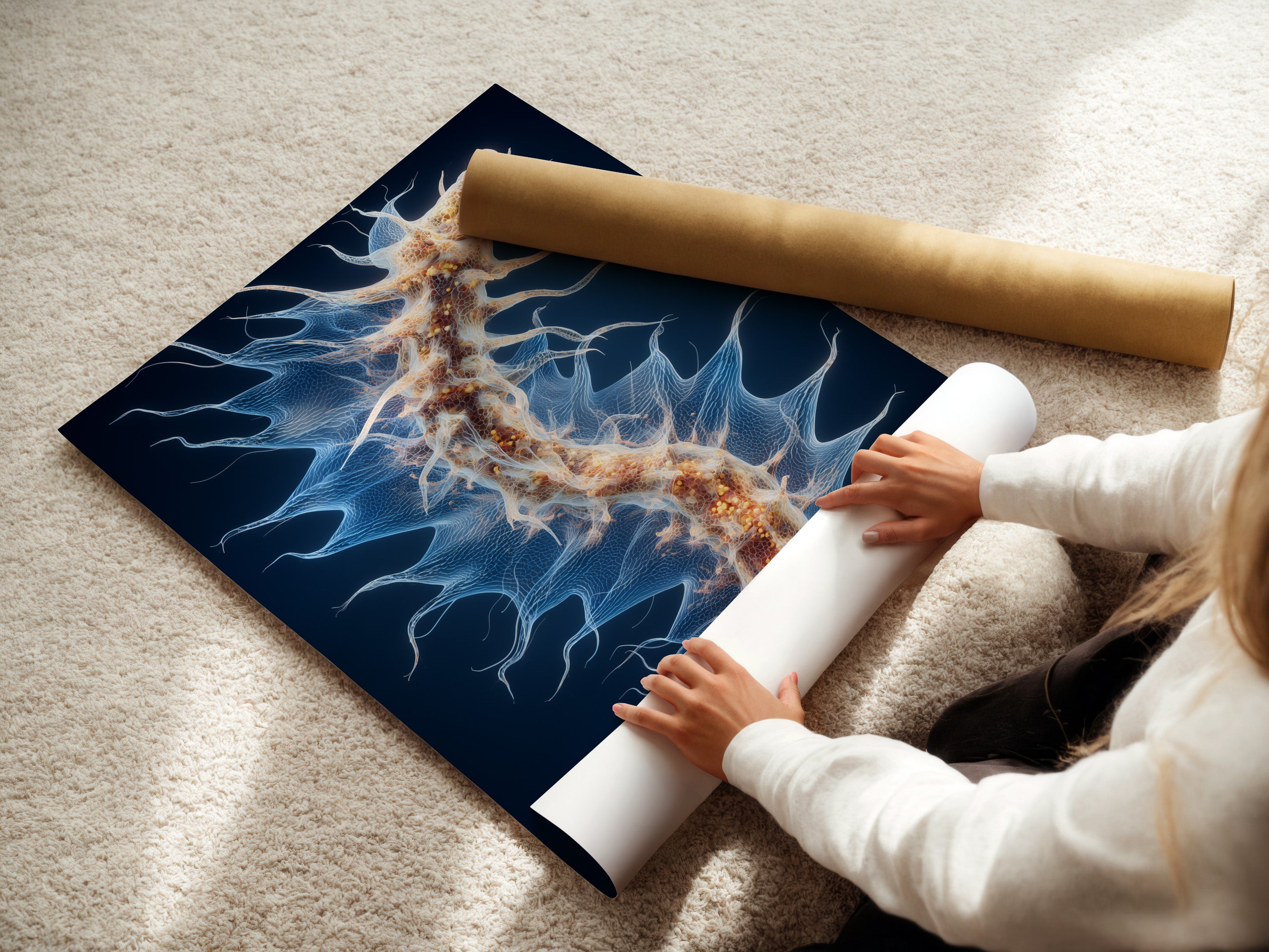 A woman is carefully rolling fine art poster paper. The delicate process ensures quality. This paper is ideal for high-resolution prints. It protects the artwork during handling.