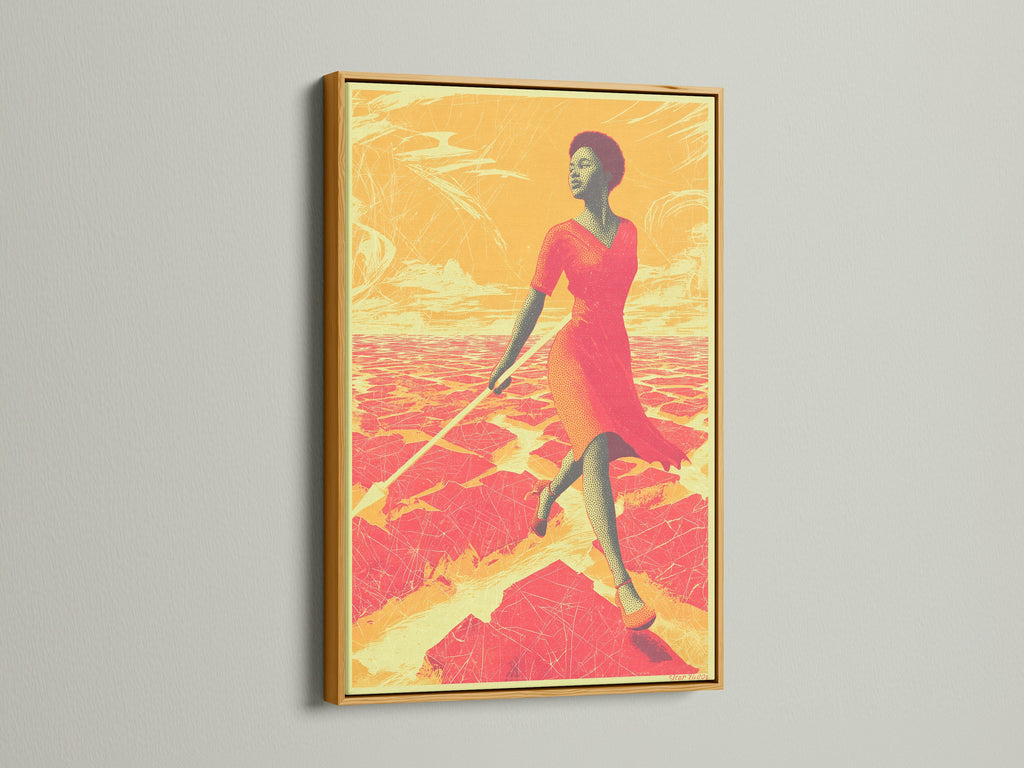 The African Woman Art Print is showcased in a gold frame. The artwork presents a captivating desert sunset canvas. This piece brings warmth and sophistication to your home. A perfect modern canvas art.