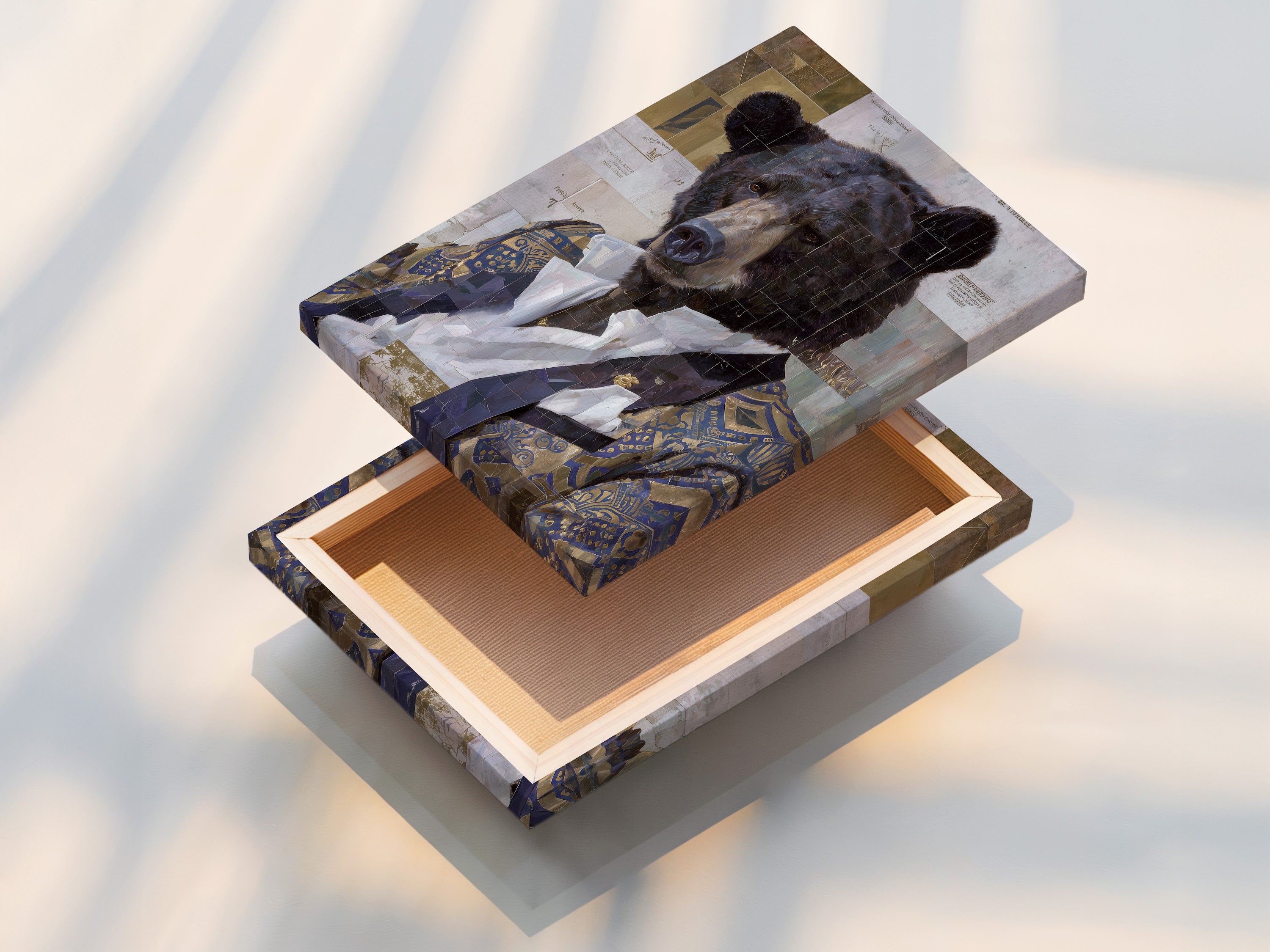 Stretched canvas print showcasing a vintage collage bear portrait.  The animal wall art is ready to hang and adds an eclectic touch to any room.  Perfect for homeowners renters and interior designers seeking elevated wall art.