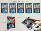 Available options for the paragliding artwork are displayed. Options include stretched canvas print fine art poster paper and floating frame. Each option caters to different preferences and styles. Select the perfect format to match your decor. Add a touch of coastal charm to your space with these versatile options. The artwork brings adventure to your walls.