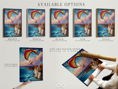 Available options for the paragliding artwork are displayed. Options include stretched canvas print fine art poster paper and floating frame. Each option caters to different preferences and styles. Select the perfect format to match your decor. Add a touch of coastal charm to your space with these versatile options. The artwork brings adventure to your walls.
