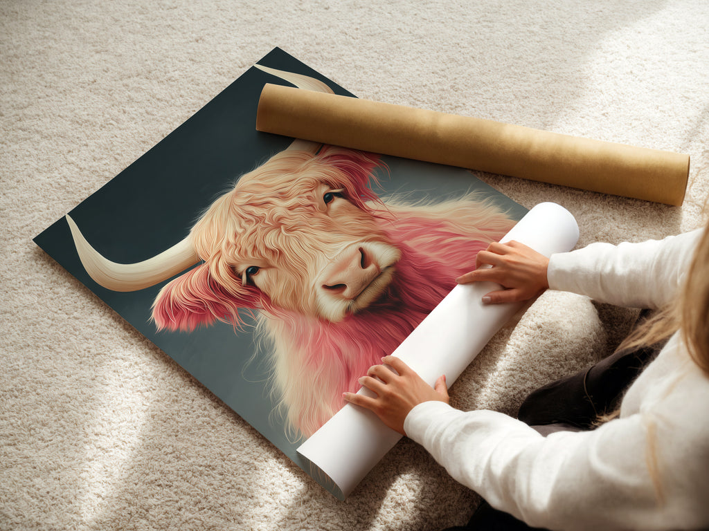 A woman is carefully rolling a fine art poster paper. The paper features a pink Highland Cow print. Get your own fluffy cattle art. Perfect for adding a touch of farmhouse charm to your home.