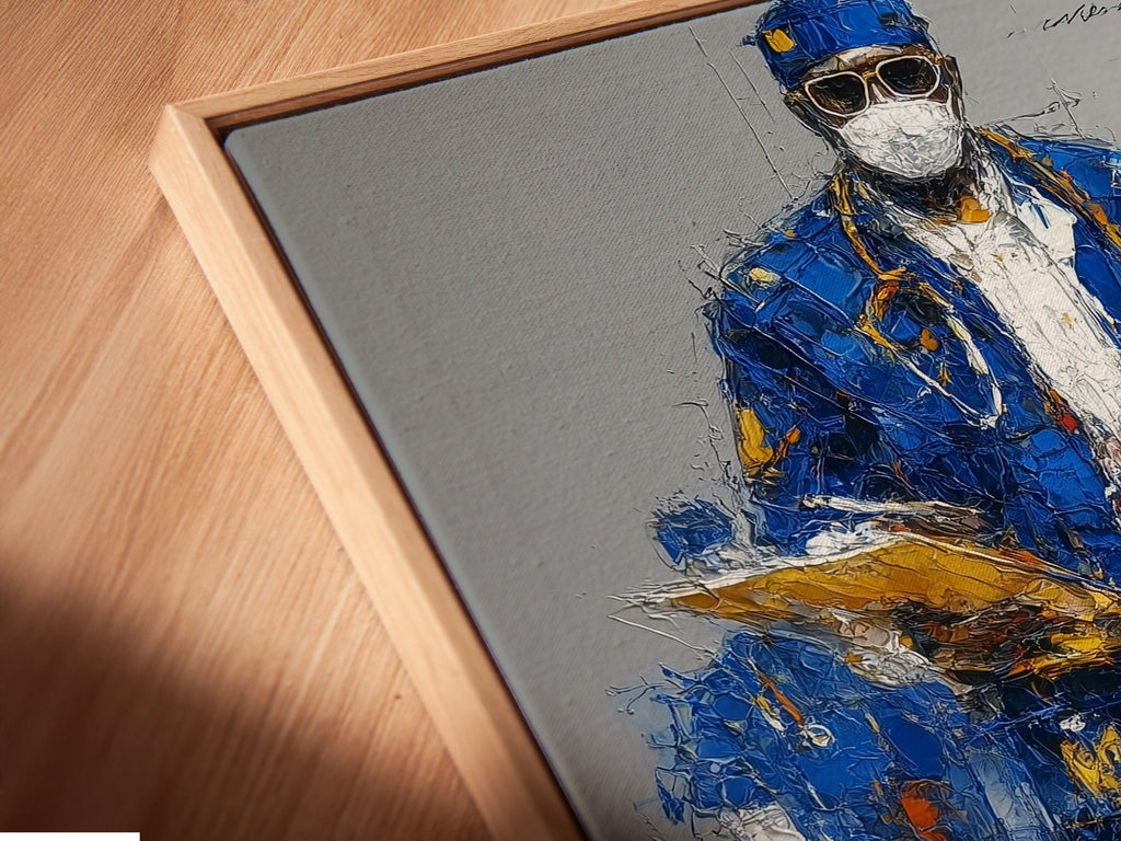 Angled close-up showcases a canvas print in a floating frame. The artwork is a blue abstract portrait of a medical hero. This sophisticated piece is perfect for adding a contemporary touch to any space. It is a great doctor gift.