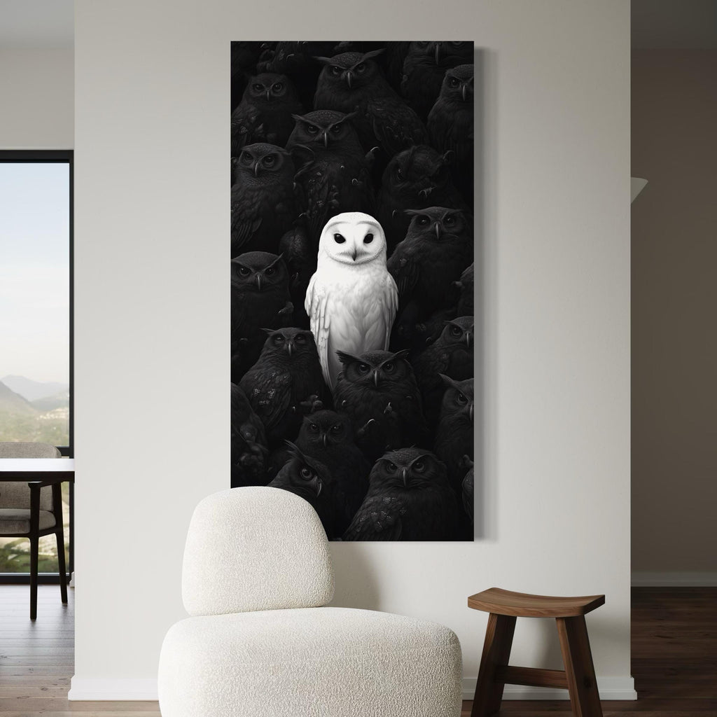Witte uil canvas kunst - zwart-witte uil wandkunst, moderne uil kunstprint voor eigentijds interieur, uilenliefhebber cadeau voor thuisdecoratie