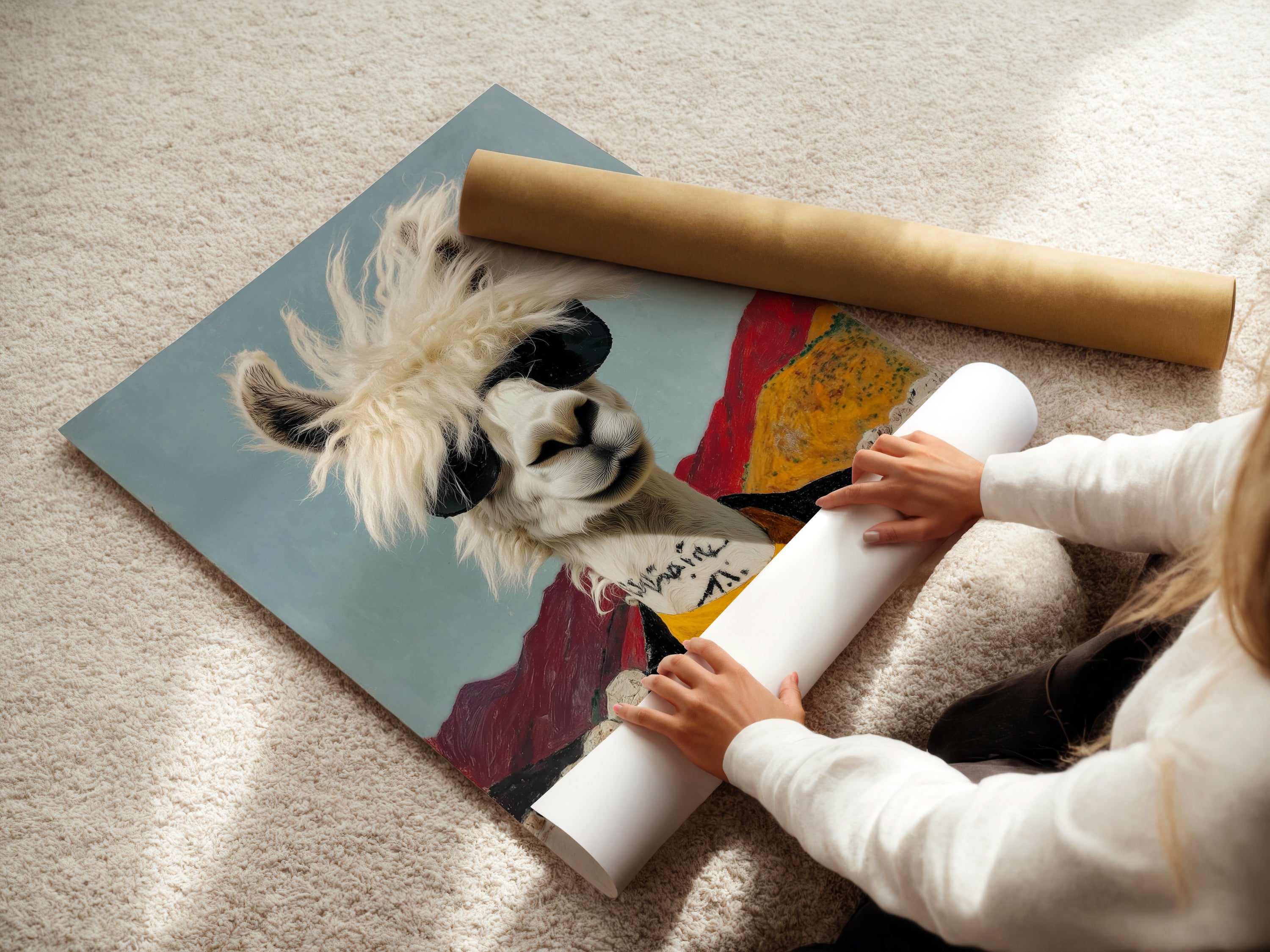A woman carefully rolls a fine art poster paper. Preparing cool llama artwork for shipment. The quirky animal wall art features a llama with sunglasses. Perfect for trendy wall decor.