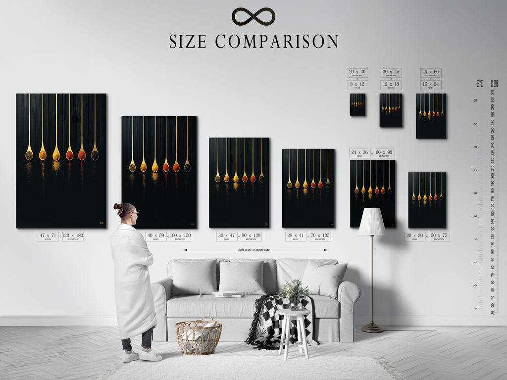 Size comparison chart of the Spice Spoons artwork displayed in an interior setting. Visualize how this modern kitchen art fits your space. See the impact of the spoon print on your dining area. It's a great chef gift. This food art print elevates any cafe decor.