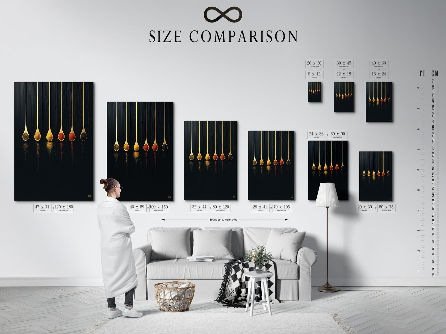 Size comparison chart of the Spice Spoons artwork displayed in an interior setting. Visualize how this modern kitchen art fits your space. See the impact of the spoon print on your dining area. It's a great chef gift. This food art print elevates any cafe decor.