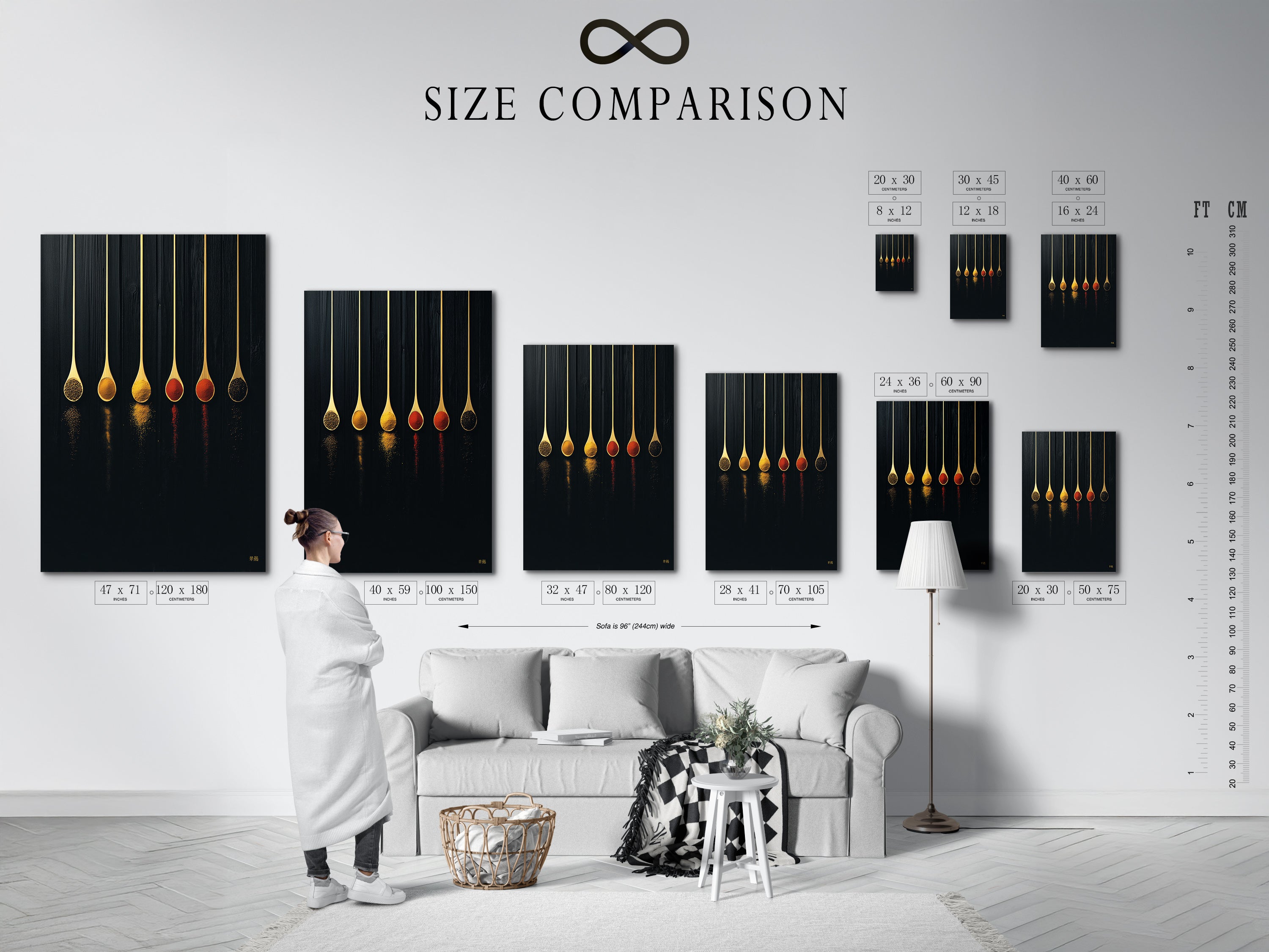 Size comparison chart of the Spice Spoons artwork displayed in an interior setting. Visualize how this modern kitchen art fits your space. See the impact of the spoon print on your dining area. It's a great chef gift. This food art print elevates any cafe decor.