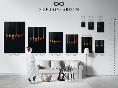 Size comparison chart of the Spice Spoons artwork displayed in an interior setting. Visualize how this modern kitchen art fits your space. See the impact of the spoon print on your dining area. It's a great chef gift. This food art print elevates any cafe decor.
