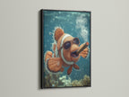 Clownfish artwork in a black frame. The bold black frame adds a dramatic touch. The framed print is a striking statement piece. It provides a sophisticated and timeless appeal. Find the perfect framed art to elevate your home.