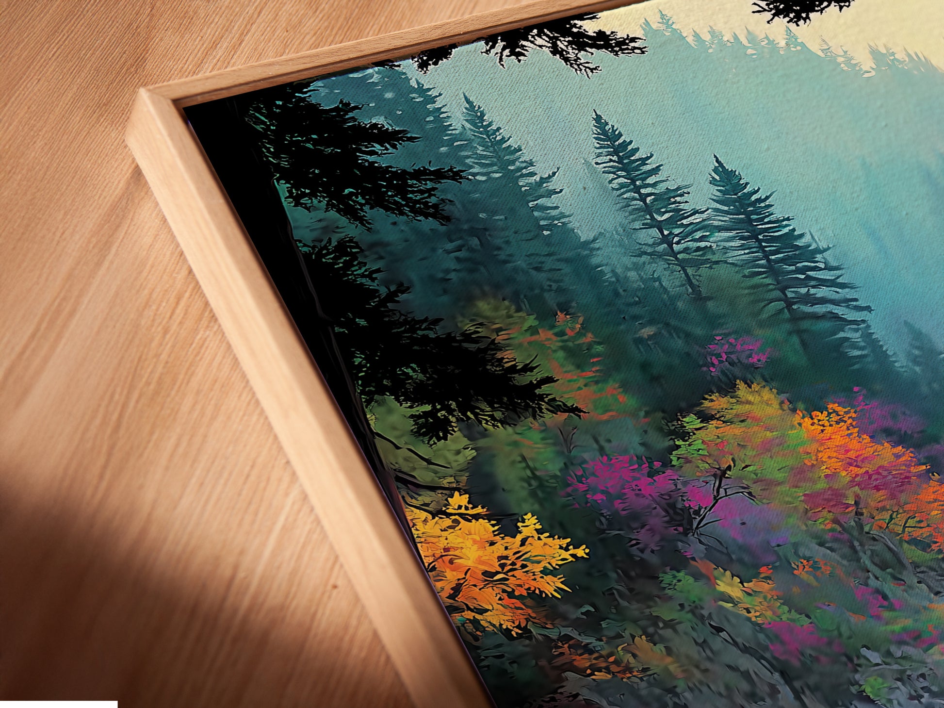 Close-up of a canvas print in a floating frame. The coastal artwork features a sailing ship. Perfect for adding a touch of nautical charm to any room. The floating frame enhances the art's beauty.