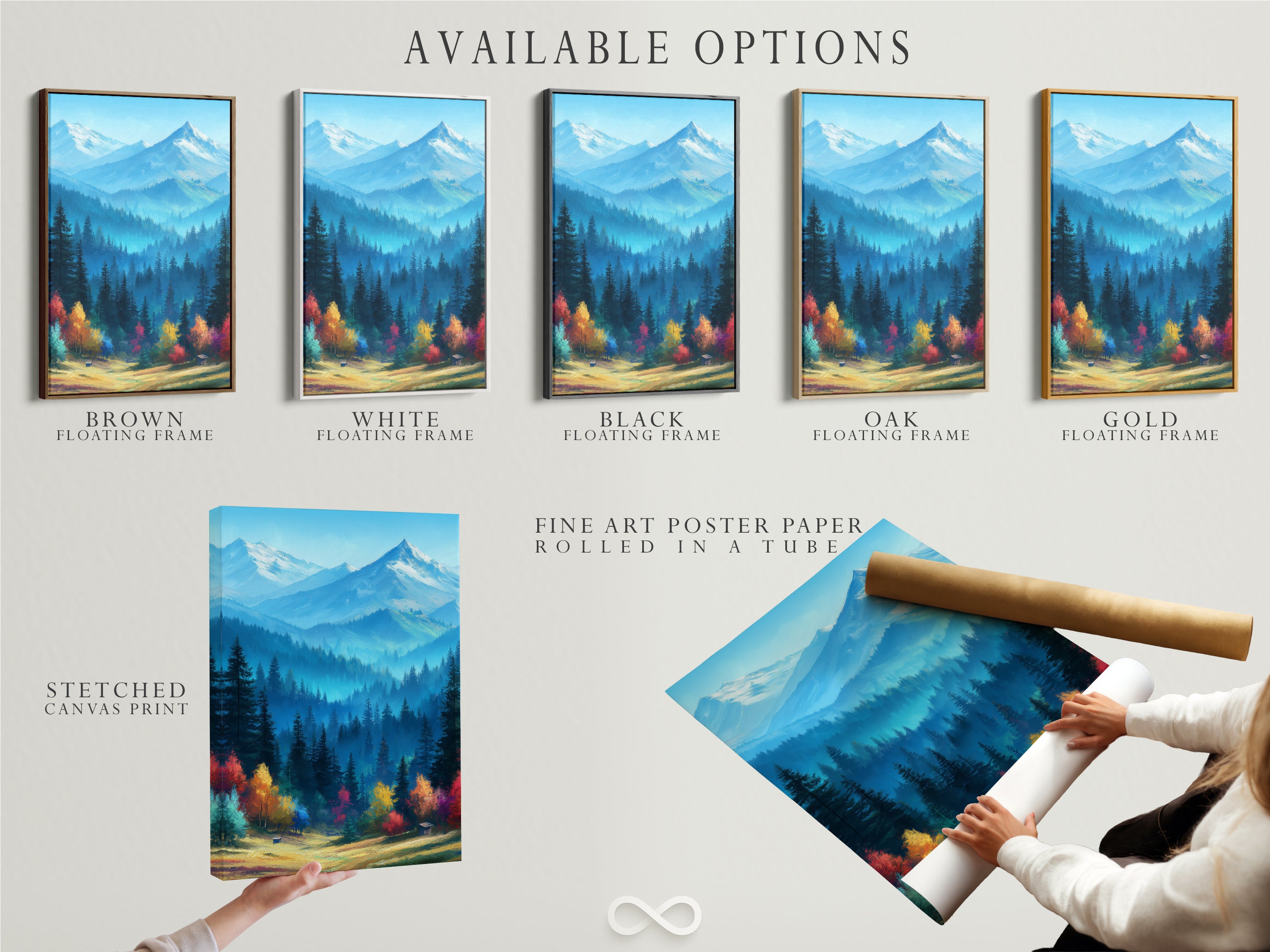 Available options for Mountain Landscape Artwork. Choose from stretched canvas prints fine art poster paper and floating frames. The artwork features a colorful autumn forest and blue mountains. Customize your wall art to suit your style. Perfect for cabin decor or adding a rustic touch.