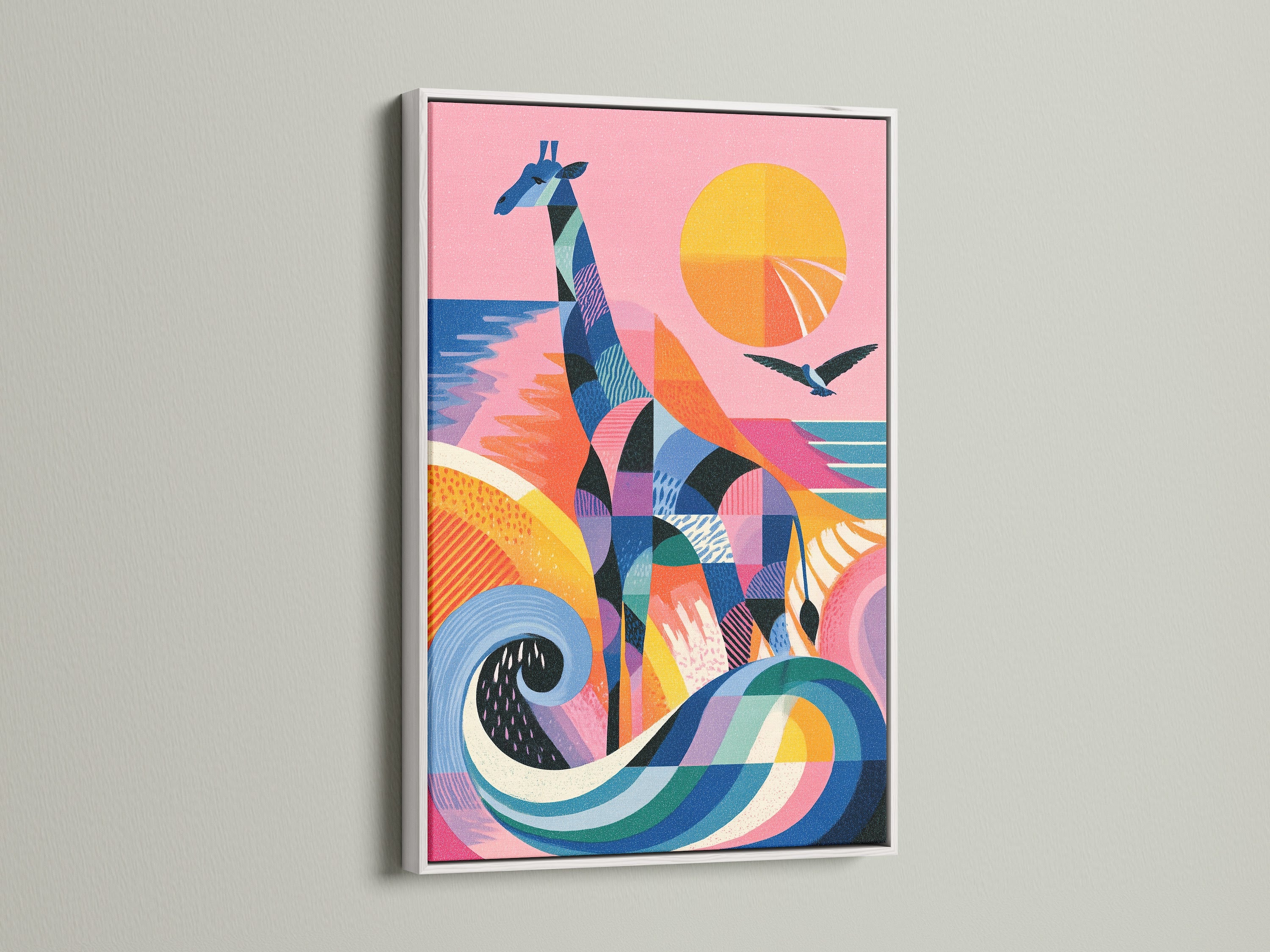 Artwork in a white frame. The artwork is colorful. It features a giraffe a bird and a sunset. The white frame offers a clean look. This framed piece will enhance any room in your home.