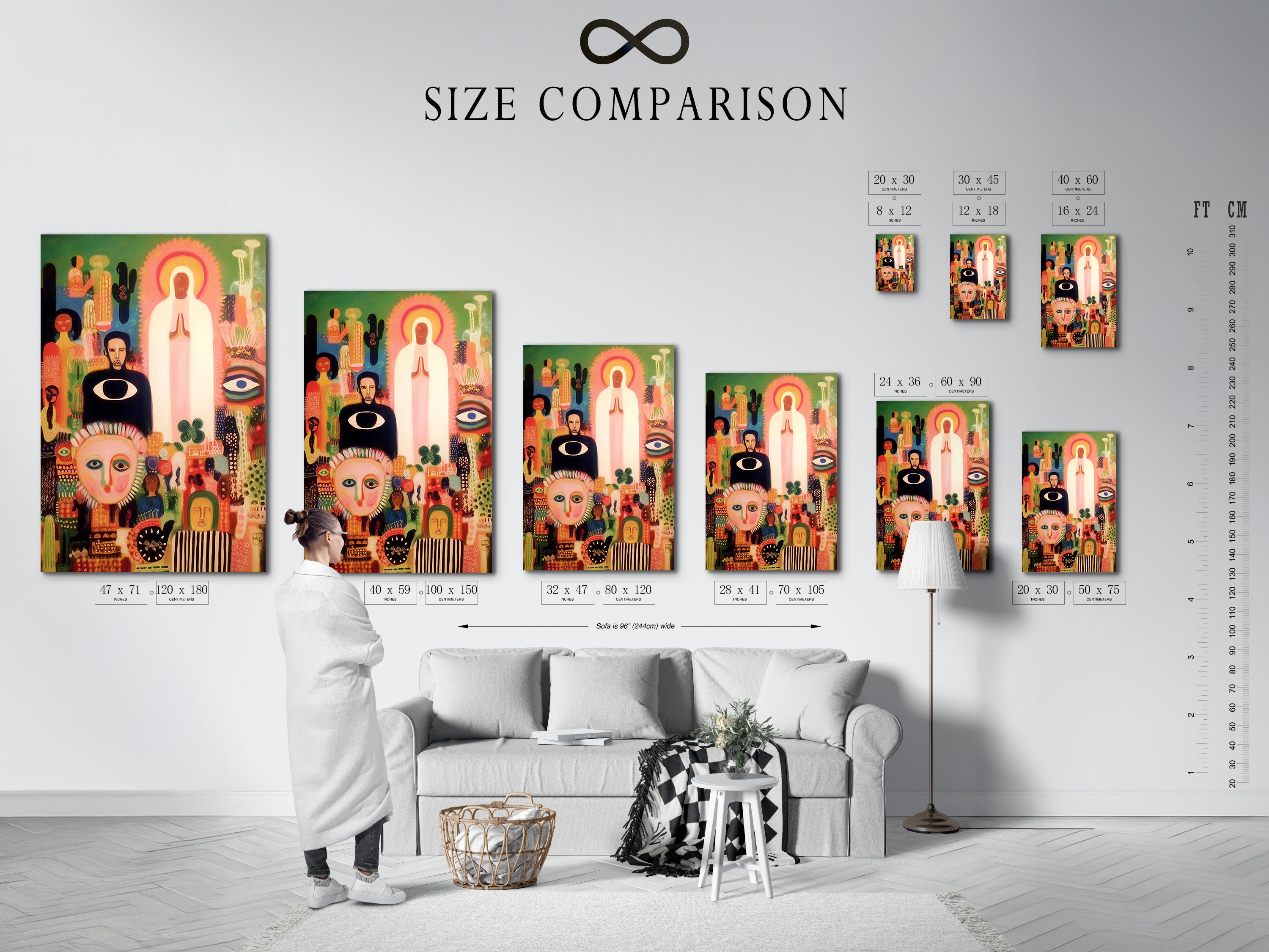 Size comparison chart for folk art prints in an interior setting. See how different sizes of mystical spiritual wall art fit in your space. Choose the perfect size for your abstract faces art. Visualize the impact of your colorful folk art.