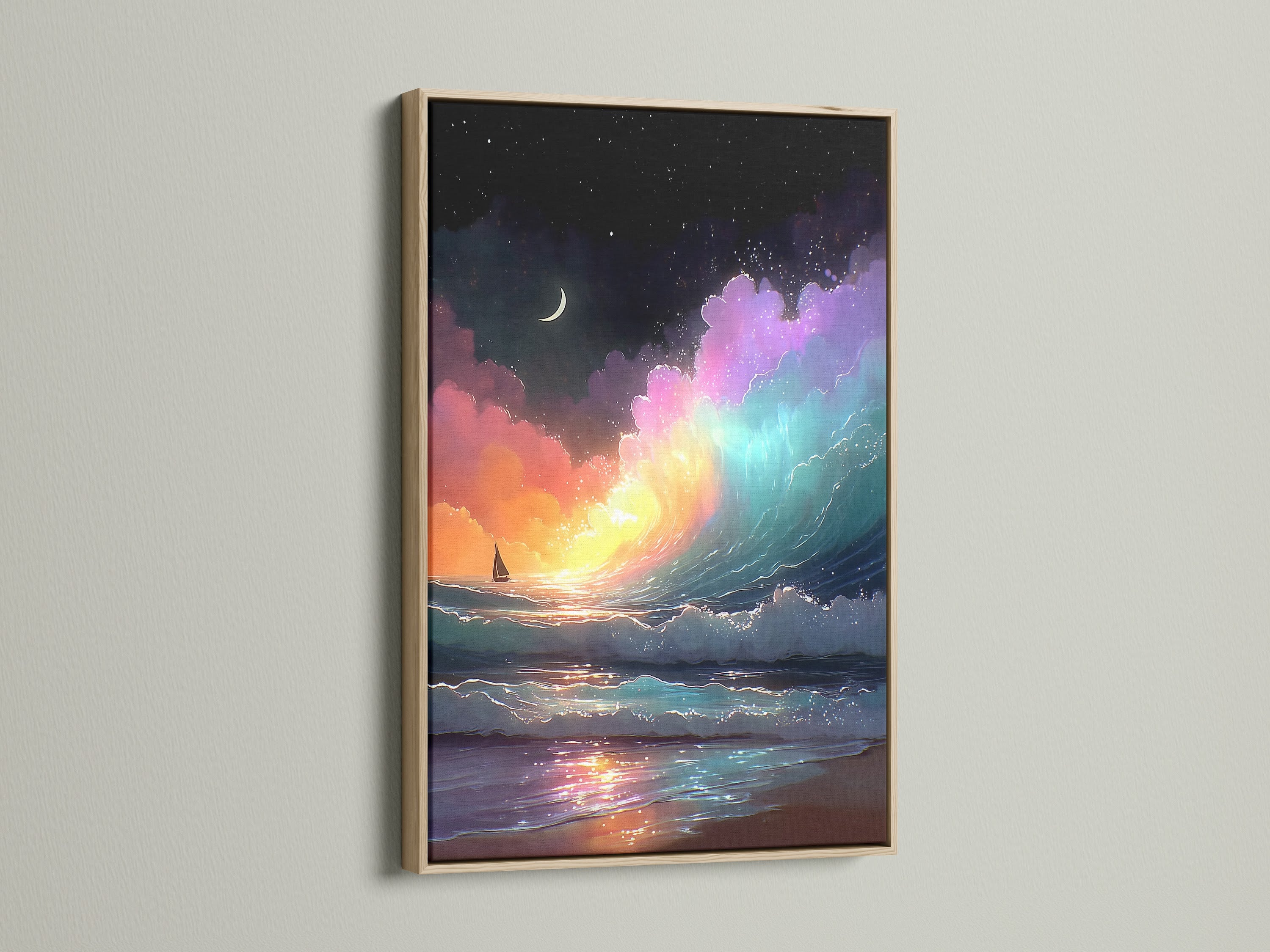 A framed ocean wave artwork graces a wall. The artwork showcases a pastel sky and a nautical sailboat. The frame is oak. Elevate your space with this coastal artwork. Ideal for living rooms and beach houses.