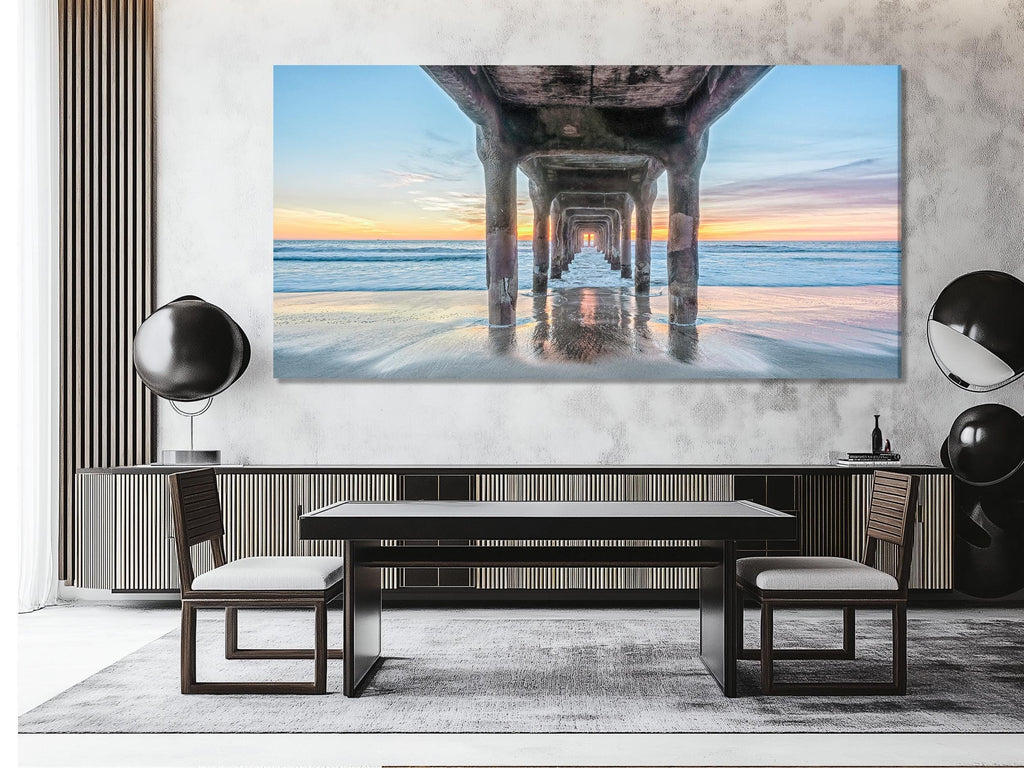 Under the Pier Canvas Print, Sunset Beach Wall Art, Large Coastal Art, California Ocean View, Pier Canvas Artwork, Modern Nautical Decor