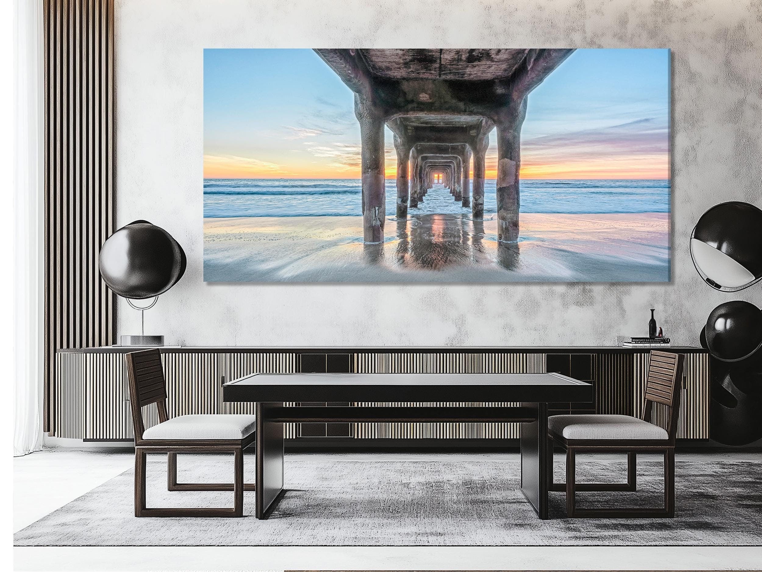 Under the Pier Canvas Print, Sunset Beach Wall Art, Large Coastal Art, California Ocean View, Pier Canvas Artwork, Modern Nautical Decor