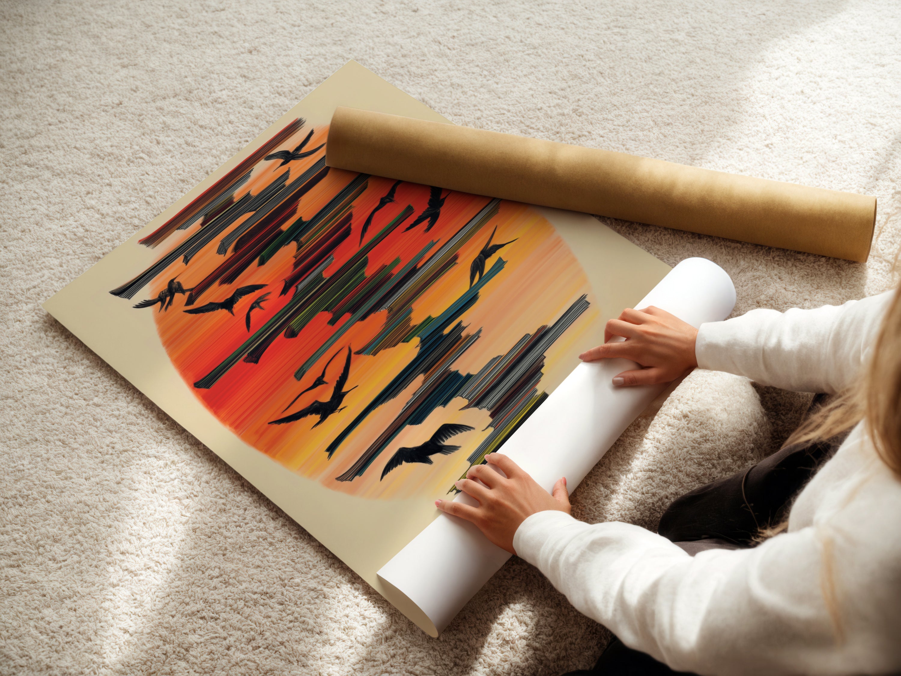 A woman carefully handles a fine art poster paper featuring the Birds in Flight artwork. Experience the quality of this sunset art print. The coastal artwork is available on premium paper. Enhance your home decor with avian art.