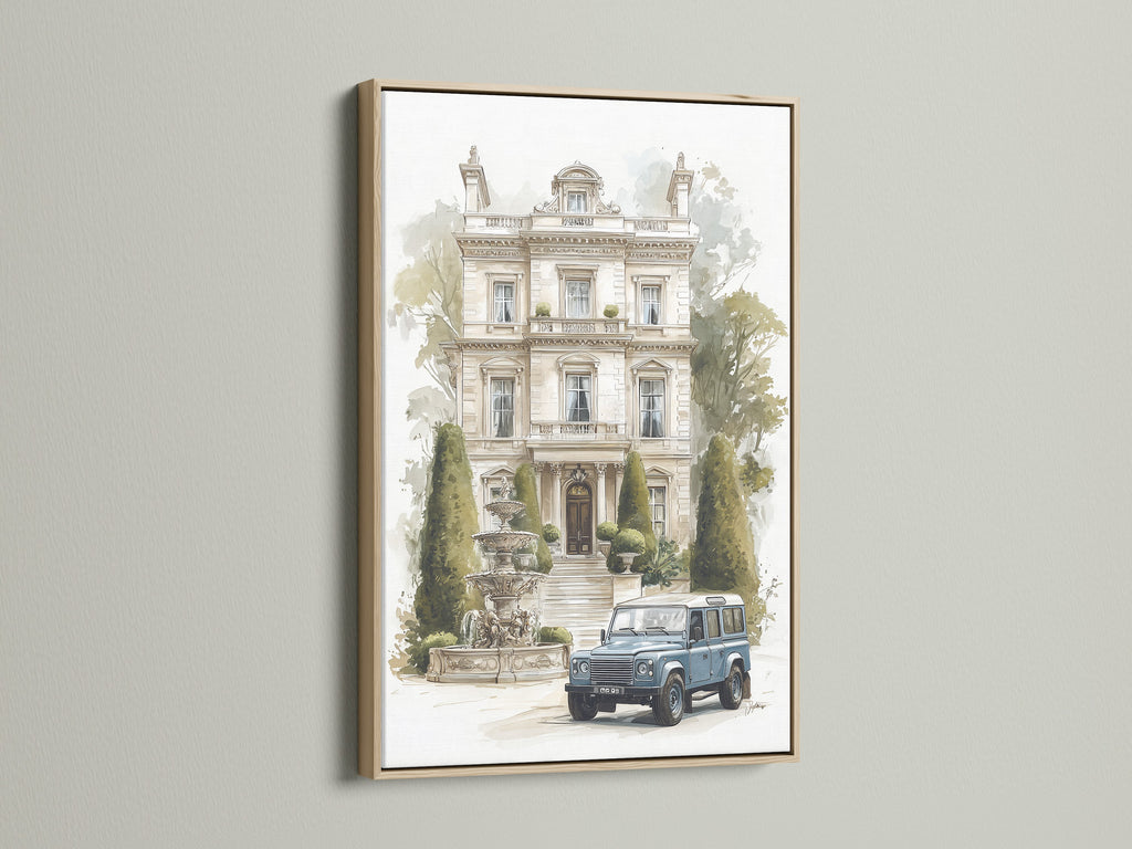 Vintage Anwesen mit Oldtimer - Aquarell Architektur Kunstdruck, Europäische Villa Wanddekoration, Traditioneller Wohndruck