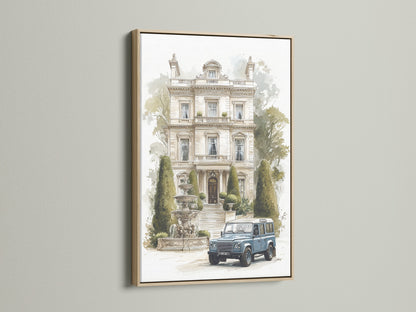 Manoir d'époque avec voiture classique - Impression d'art d'architecture à l'aquarelle, Décoration murale de villa européenne, Impression pour maison traditionnelle