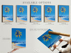 Available options for Palm Tree Beach artwork. Choose from a stretched canvas print fine art poster paper or a floating frame. Customize your tropical coastal wall art. Select the perfect format for your ocean wave art. Enhance your nautical decor with these versatile options.
