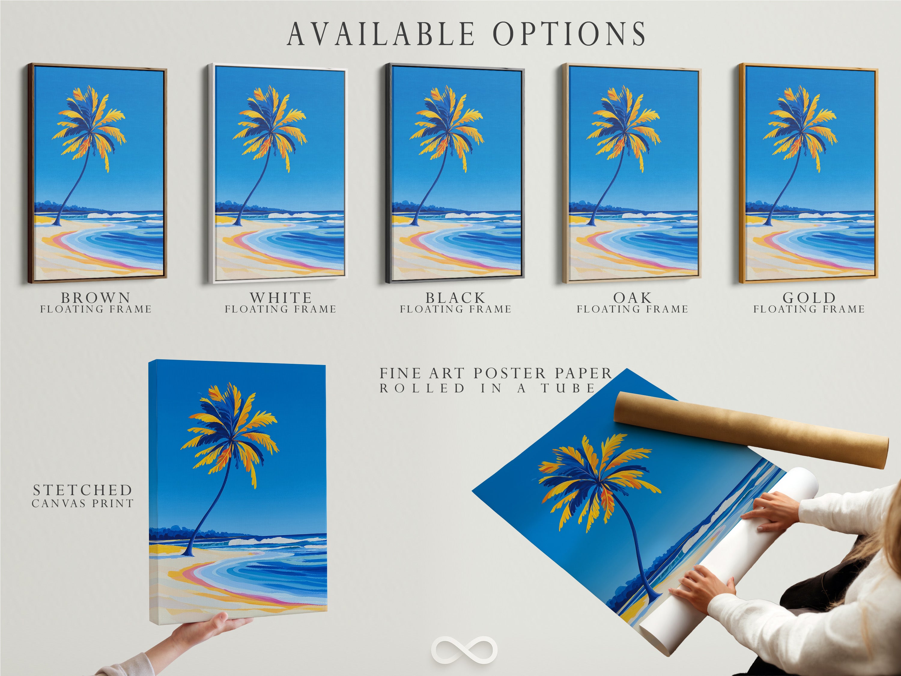 Available options for Palm Tree Beach artwork. Choose from a stretched canvas print fine art poster paper or a floating frame. Customize your tropical coastal wall art. Select the perfect format for your ocean wave art. Enhance your nautical decor with these versatile options.