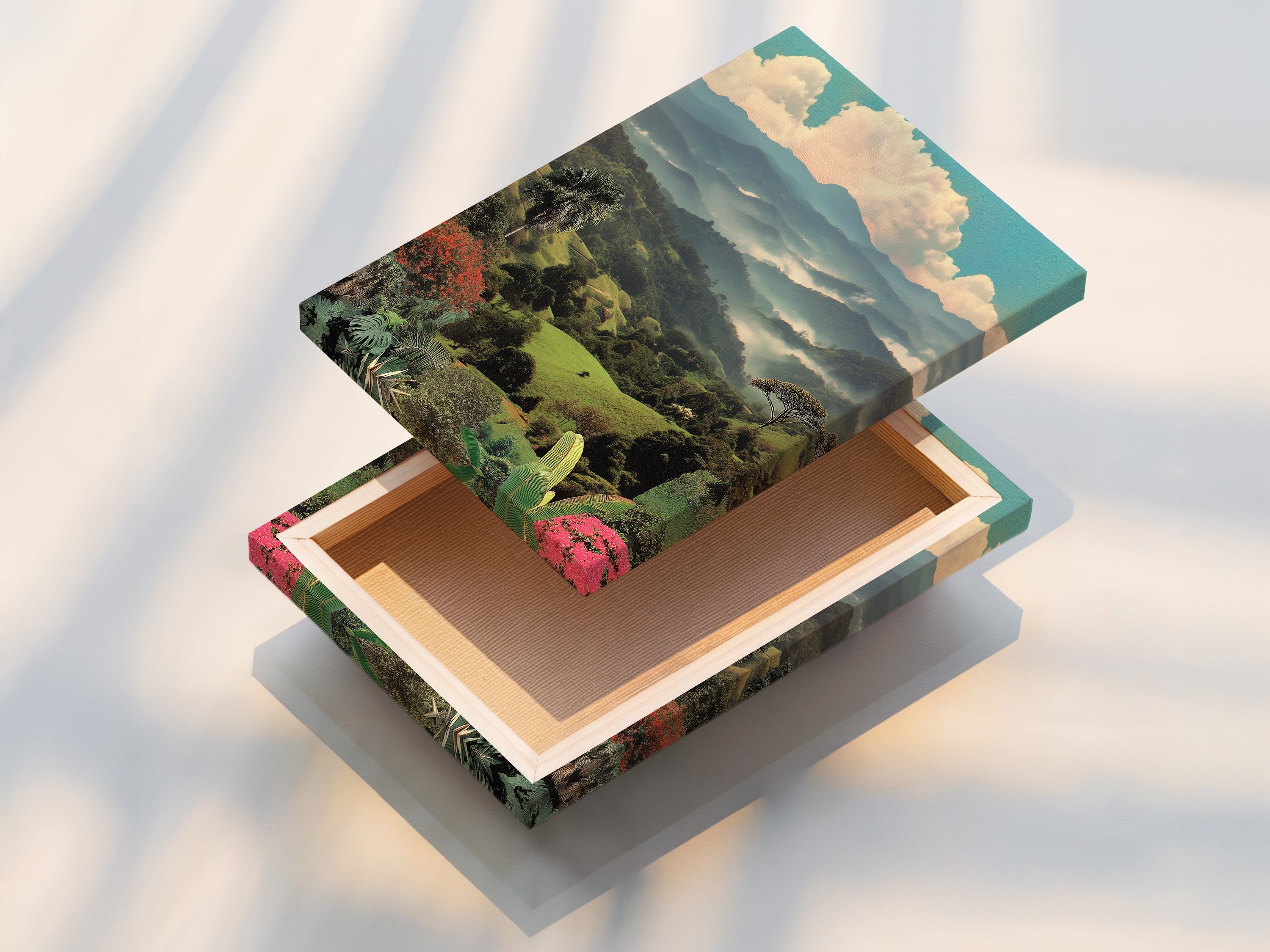 Stretched canvas print featuring a tropical landscape. This vintage mountain artwork is ready to hang. The botanical scenery adds a touch of nature to any room. Perfect for living rooms offices or studios.