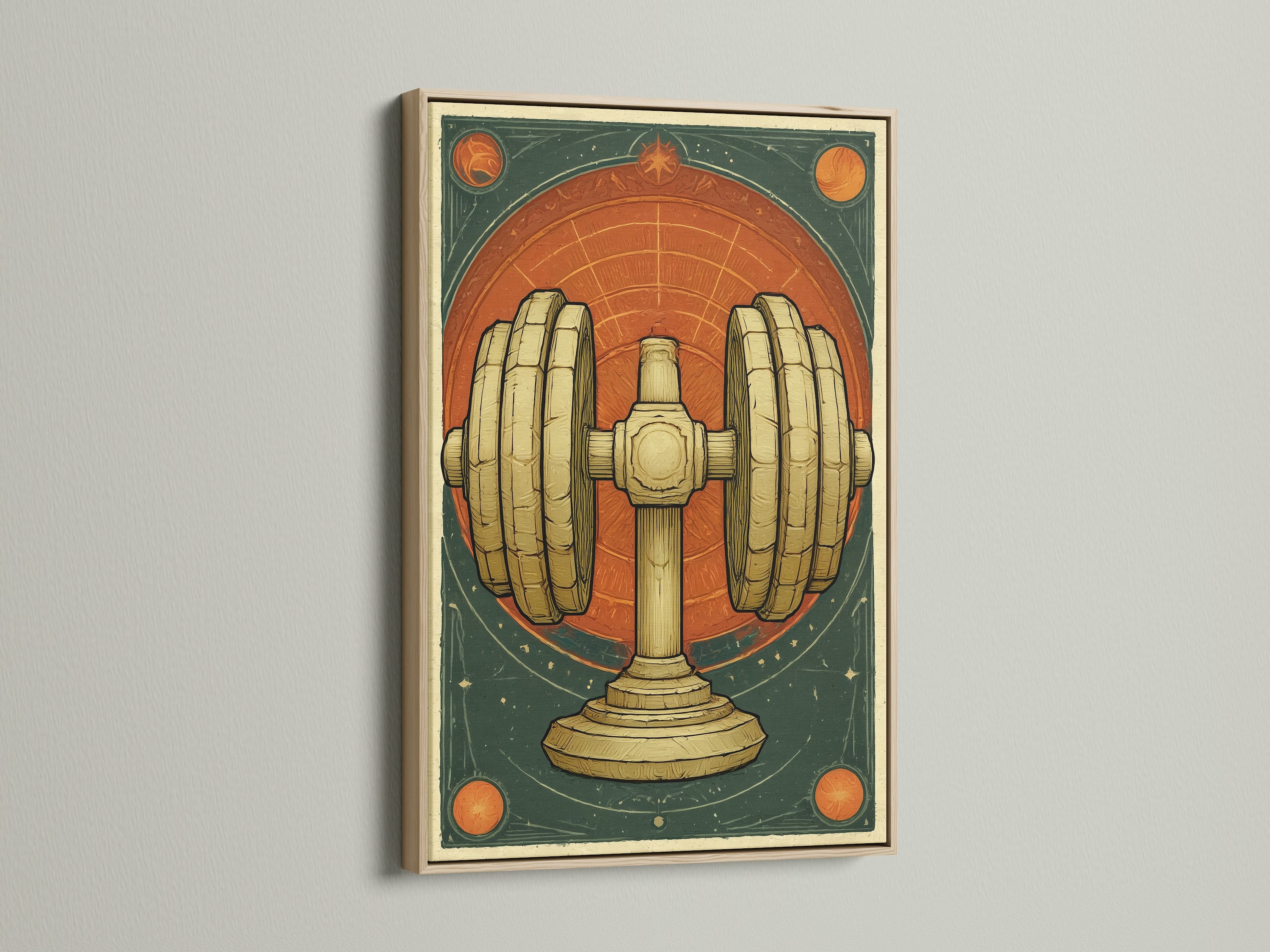 A vintage dumbbell artwork is elegantly framed in oak. The piece is displayed against a clean neutral wall. It adds a touch of art deco style to any space. Ideal for fitness lovers looking to enhance their home gym decor. This retro poster brings a classic feel to your workout area. It is perfect for creating an inspiring and stylish fitness environment.
