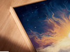 An angled close up view of a Mountain Lake canvas artwork in a floating frame. See the details of the celestial sky and pine trees. This modern nature artwork brings the outdoors in. Perfect for bedroom decor or living room wall art.