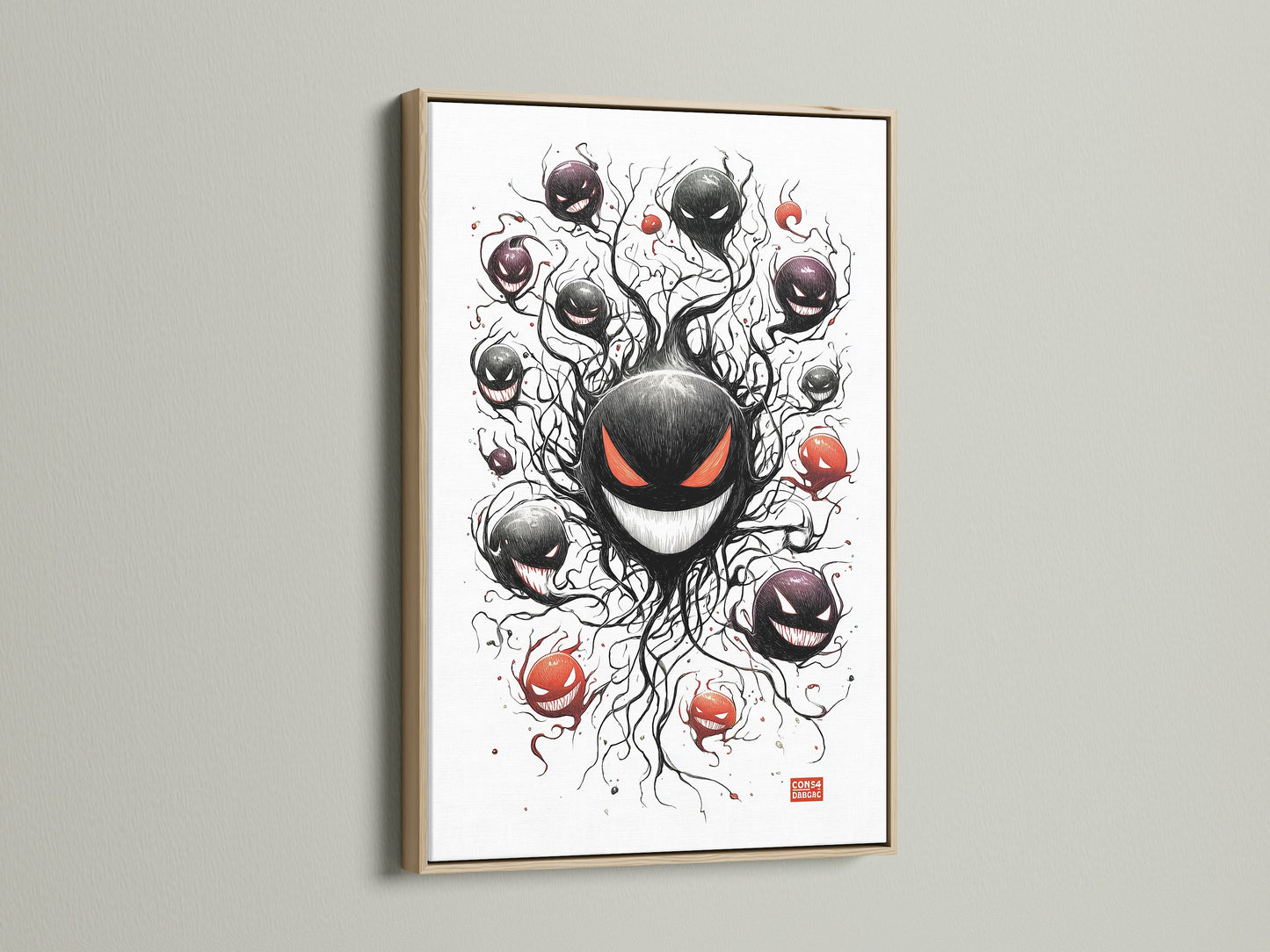 A close-up view of an oak frame. This frame enhances the ghostly haunter artwork. The oak's natural wood grain brings warmth to spooky anime or gamer room decor. Consider this for your red-eyed monster poster or fan art print.