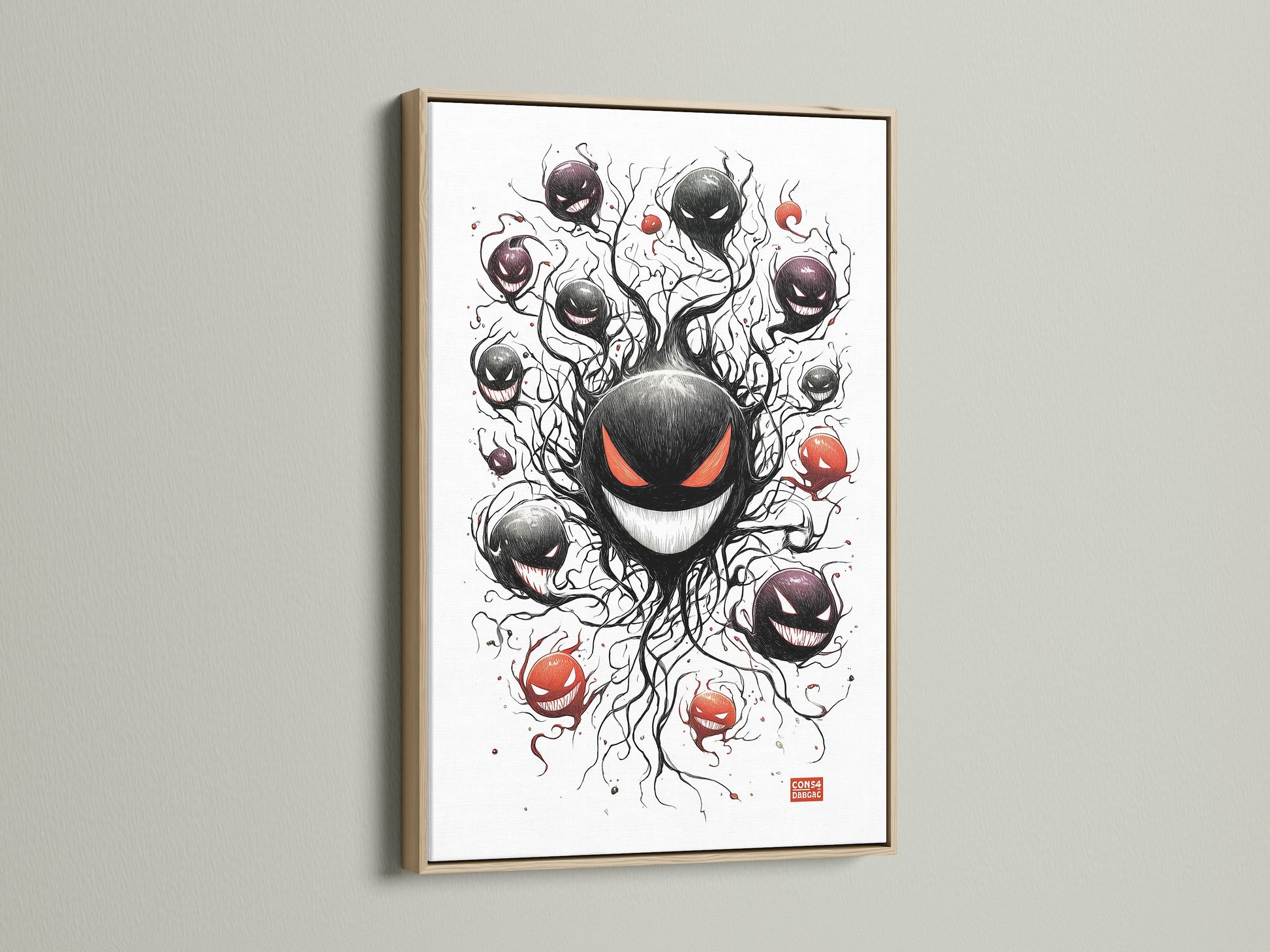 A close-up view of an oak frame. This frame enhances the ghostly haunter artwork. The oak's natural wood grain brings warmth to spooky anime or gamer room decor. Consider this for your red-eyed monster poster or fan art print.