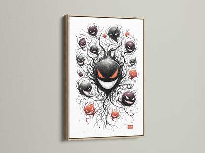 A close-up view of an oak frame. This frame enhances the ghostly haunter artwork. The oak's natural wood grain brings warmth to spooky anime or gamer room decor. Consider this for your red-eyed monster poster or fan art print.