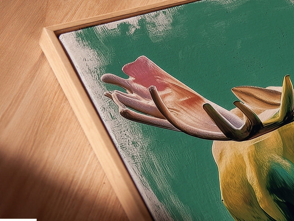 A close-up angled view of a canvas print in a floating frame. The floating frame gives the illusion that the art is floating. The canvas print adds texture and depth to the artwork. Make a statement with framed artwork.