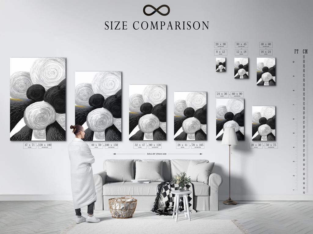 A size comparison chart is displayed in a modern interior. It shows the different dimensions available for the abstract geometric art print. Black and white circles are visible. This chart helps visualize the perfect fit for your space. Choose the ideal size for your wall art.
