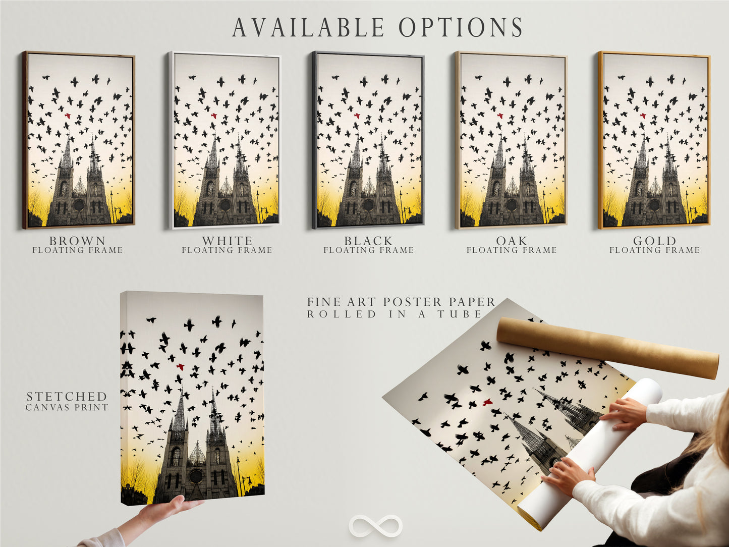 Available options include a stretched canvas print. You can also choose fine art poster paper. A floating frame is another option. The artwork is a gothic cathedral with birds in flight. Select the perfect format for your home.