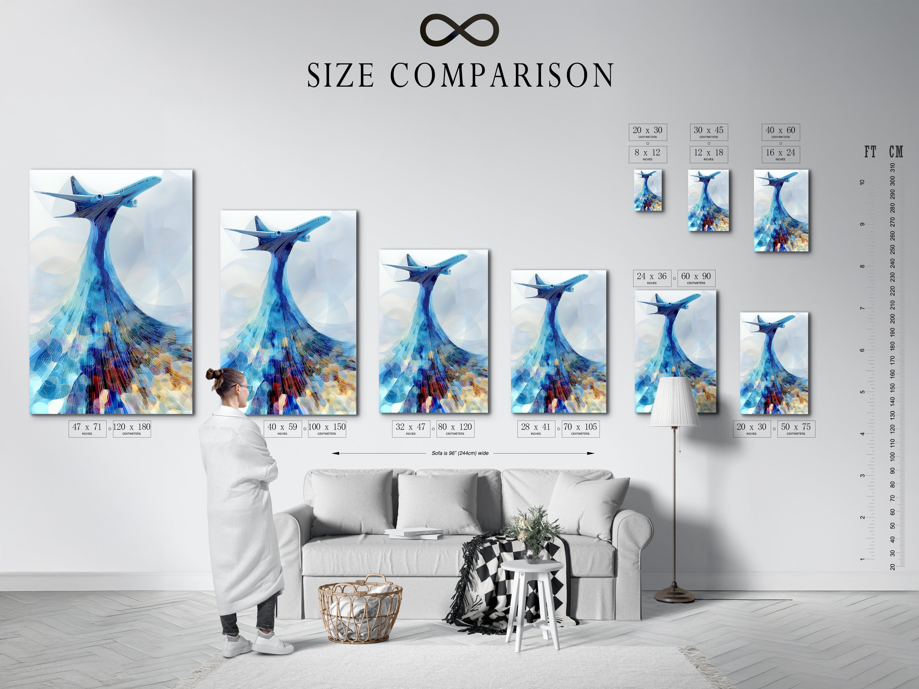 A size comparison chart in an interior setting. The chart helps you visualize the art in different sizes. Find the perfect fit for your airplane art print. See how our aviation prints complement your space.
