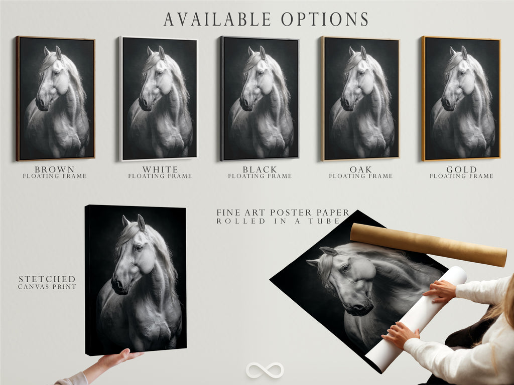 Explore available options for the White Horse Print. Choose between a stretched canvas print fine art poster paper or a floating frame. Find the perfect format for your equestrian artwork. This black and white animal wall art suits any decor. Customize your artwork today.