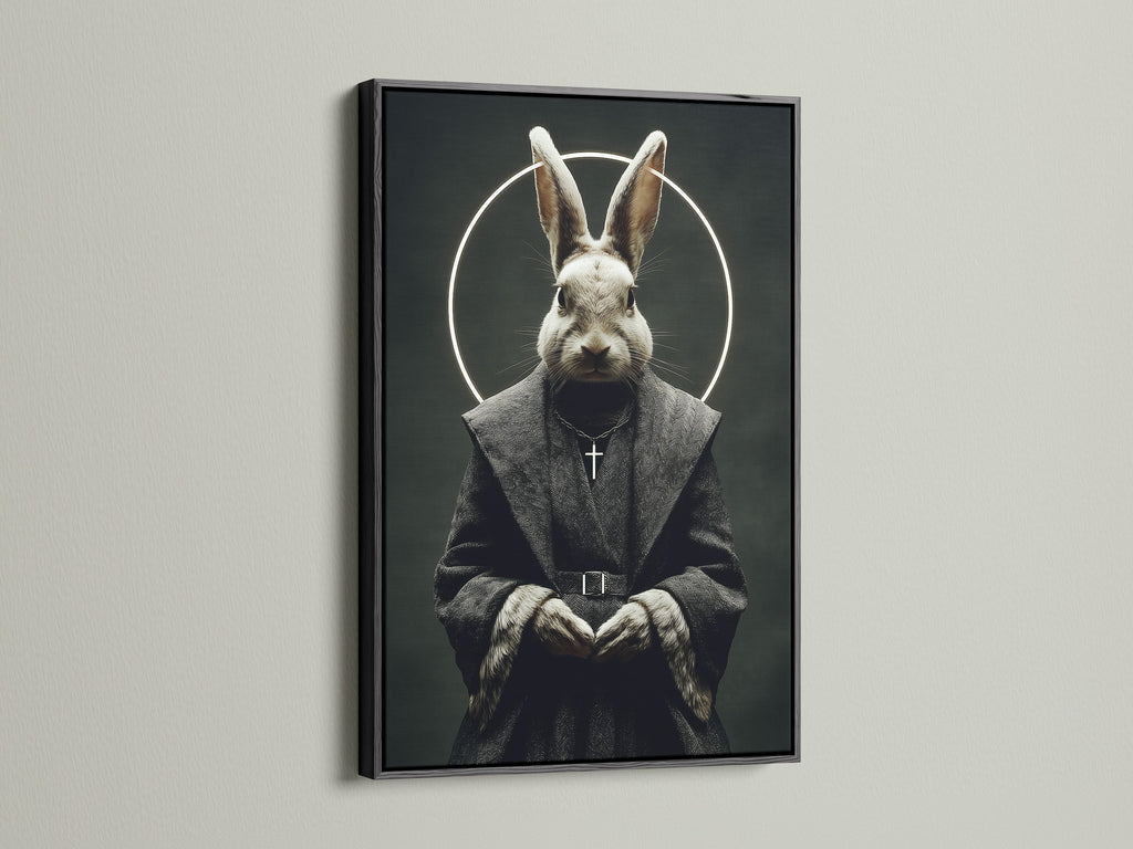 The rabbit monk art print is displayed in a sleek black frame. The dark frame enhances the gothic elements of the artwork. It is a striking piece of religious art for a modern space. This animal portrait is perfect for gothic home decor.