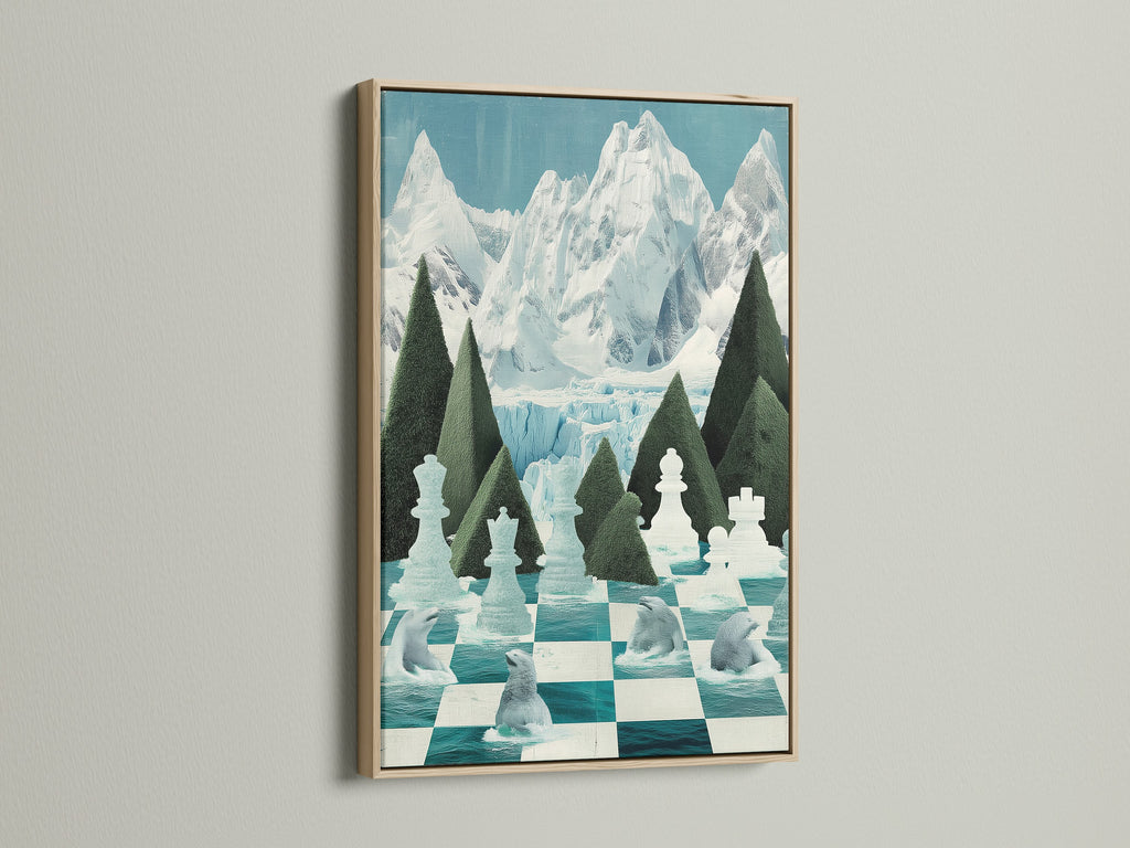 Here is the Chess Arctic Canvas Print in an oak frame. The modern chess art features polar bears. It has a teal chessboard artwork for game room decor. The oak frame enhances the winter artwork feel. Ideal for chess players and fans of arctic themes.