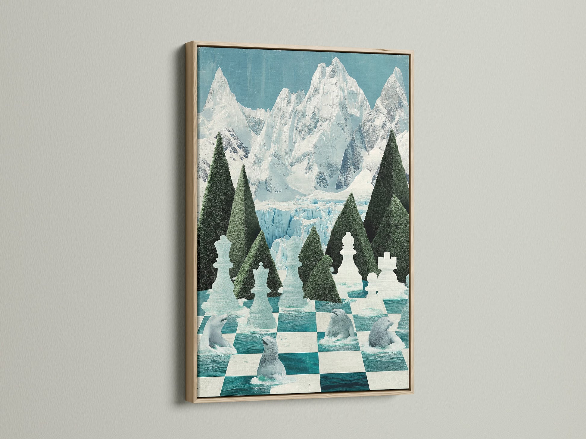 Here is the Chess Arctic Canvas Print in an oak frame. The modern chess art features polar bears. It has a teal chessboard artwork for game room decor. The oak frame enhances the winter artwork feel. Ideal for chess players and fans of arctic themes.