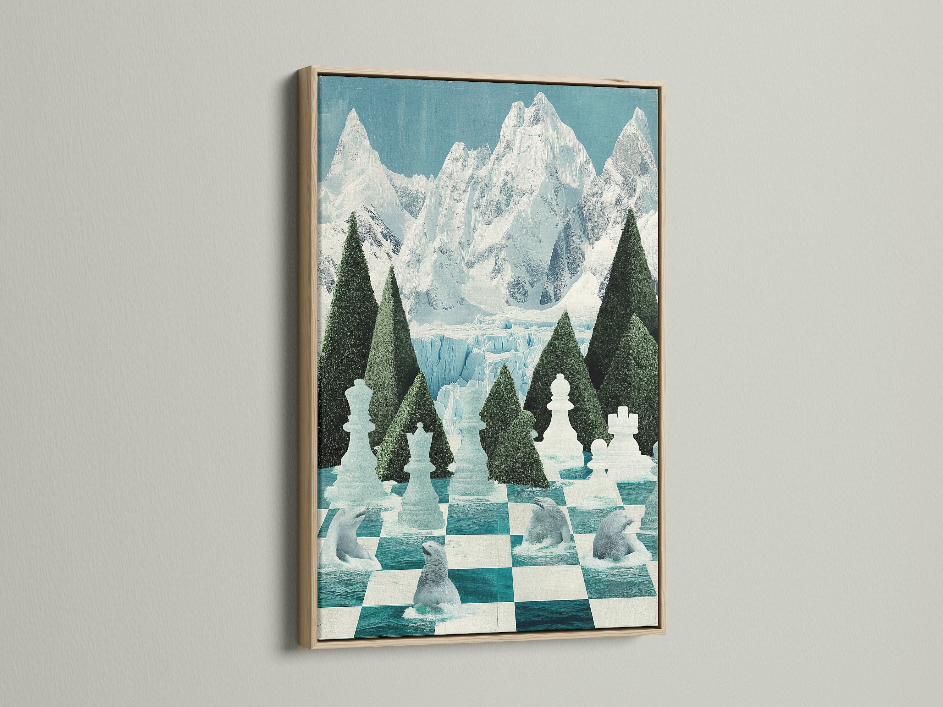 Here is the Chess Arctic Canvas Print in an oak frame. The modern chess art features polar bears. It has a teal chessboard artwork for game room decor. The oak frame enhances the winter artwork feel. Ideal for chess players and fans of arctic themes.