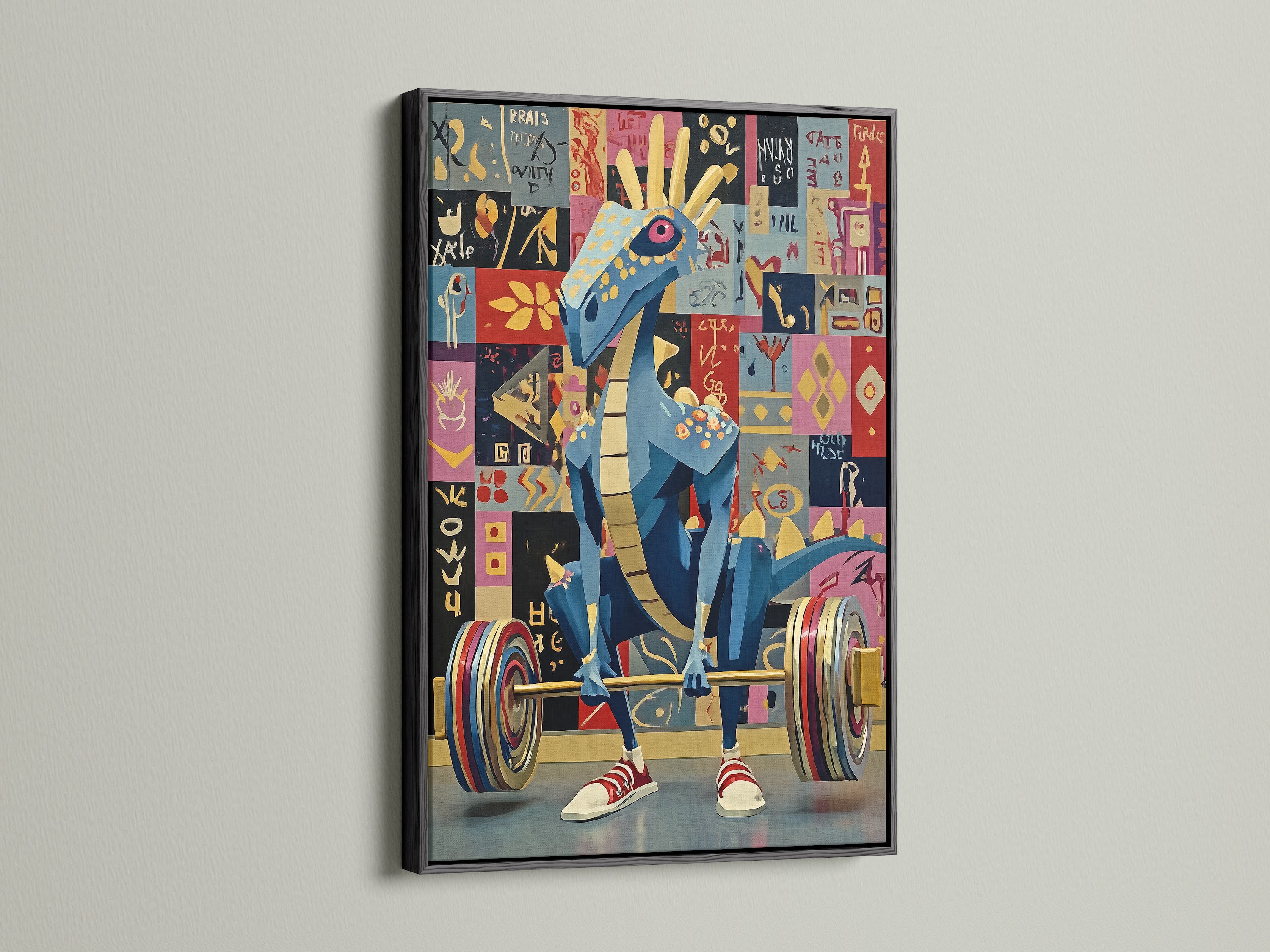 Weightlifting dragon artwork presented in a black frame. This eye-catching pop art features a blue dragon engaged in weightlifting. Ideal for home gym art. This colorful canvas adds a playful and motivational touch to your workout environment. A unique and inspiring piece.