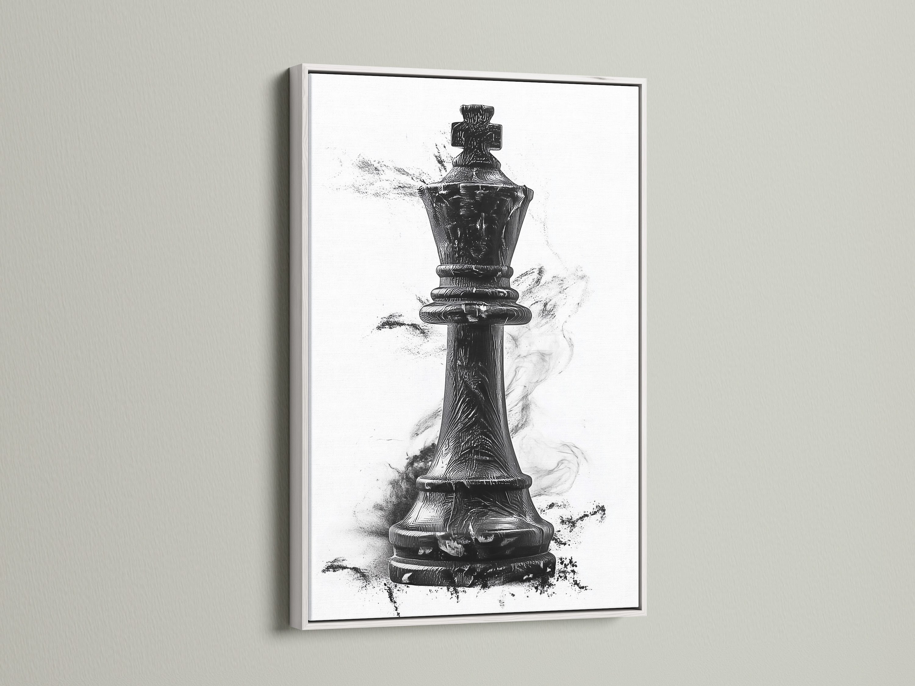 Artwork featuring a chess king piece in a white frame. The white frame offers a clean modern aesthetic. It allows the artwork to stand out. Enhance your home decor with a framed art piece. Explore our selection of stylish frames.