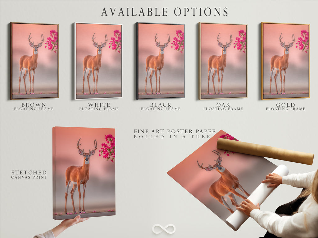 Available options for deer artwork are shown. Stretched canvas print offers a classic look. Fine art poster paper is versatile. Floating frame adds a modern touch. Pink floral antlers complement each style. Nature photography print is customizable. Select the perfect art for you.
