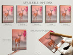 Available options for deer artwork are shown. Stretched canvas print offers a classic look. Fine art poster paper is versatile. Floating frame adds a modern touch. Pink floral antlers complement each style. Nature photography print is customizable. Select the perfect art for you.