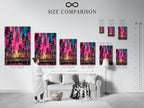 A size comparison chart displayed in an interior setting. The chart features the Aurora Borealis artwork in various sizes. See how this colorful forest poster fits your space. Perfect for planning your wall decor and nature print display.
