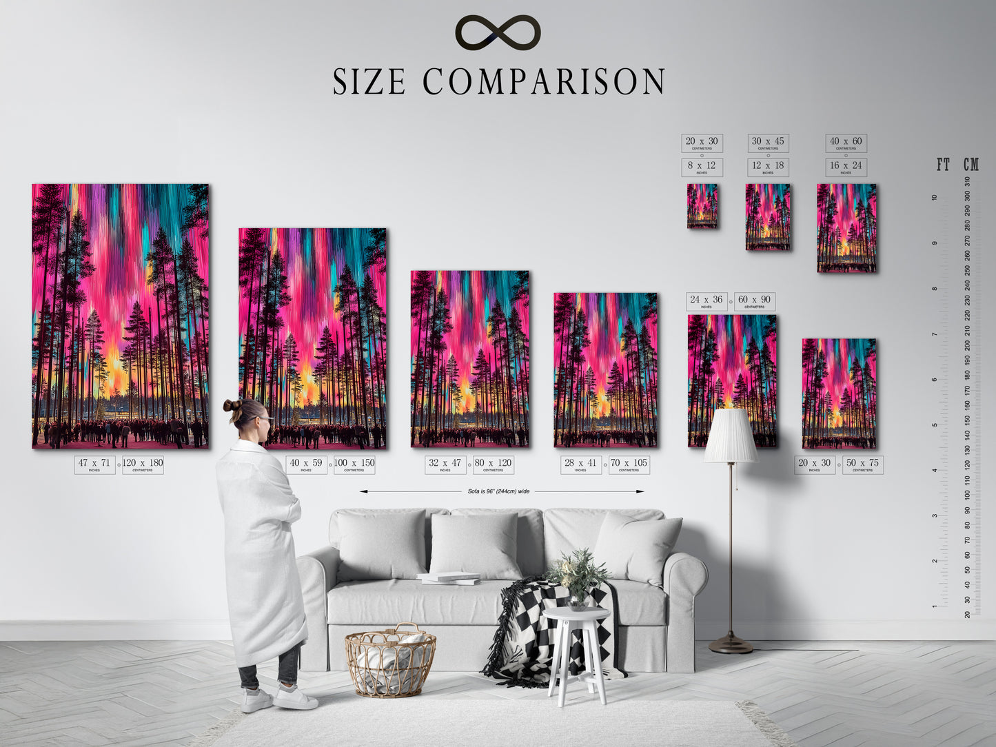 A size comparison chart displayed in an interior setting. The chart features the Aurora Borealis artwork in various sizes. See how this colorful forest poster fits your space. Perfect for planning your wall decor and nature print display.
