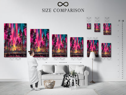 A size comparison chart displayed in an interior setting. The chart features the Aurora Borealis artwork in various sizes. See how this colorful forest poster fits your space. Perfect for planning your wall decor and nature print display.